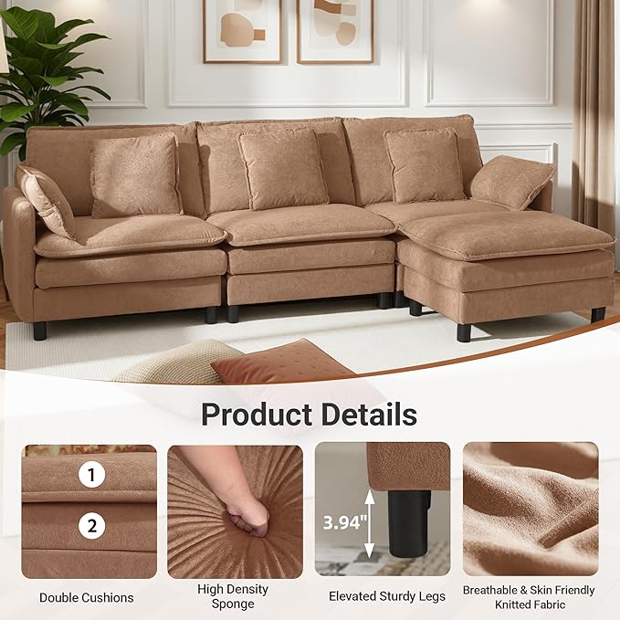 Claiks 110" Modular Sectional Sofa, Cloud Couch with Ottoman, U-Shaped 5-Seater Sofa in Chenille Fabric, Deep Seat Comfy Couch with Pillows for Living Room & Offices, Khaki