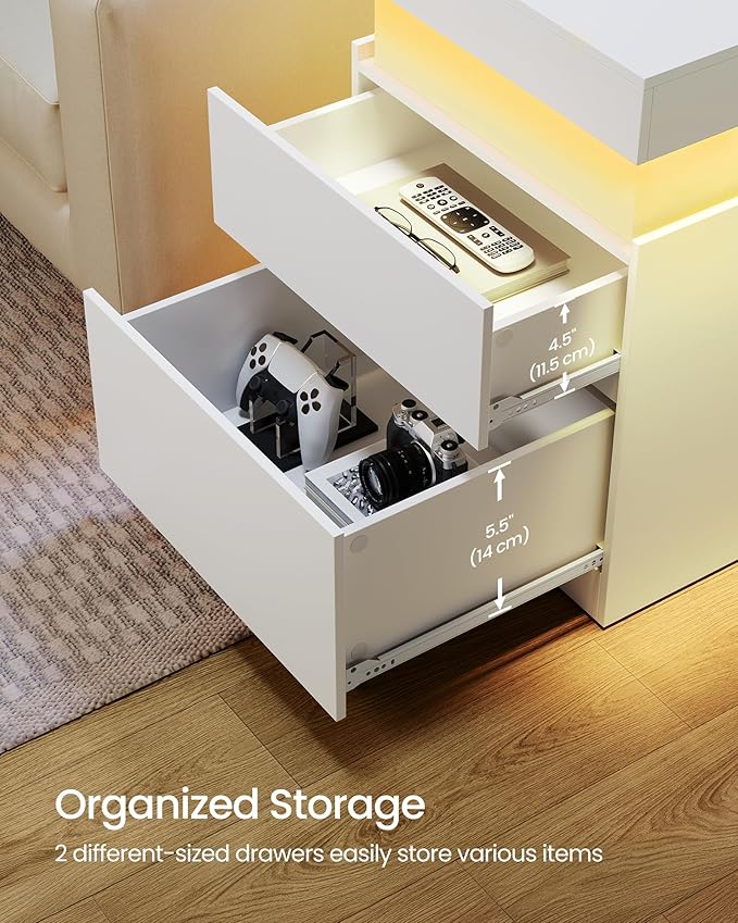VASAGLE Kailyn Collection - Nightstand with Power Outlets, Sliding Lid, Modern Bedside Table with LED Lights, End Table, 2 Drawers, 15.7 x 18.9 x 26.8 Inches, Cloud White ULET650WB01S