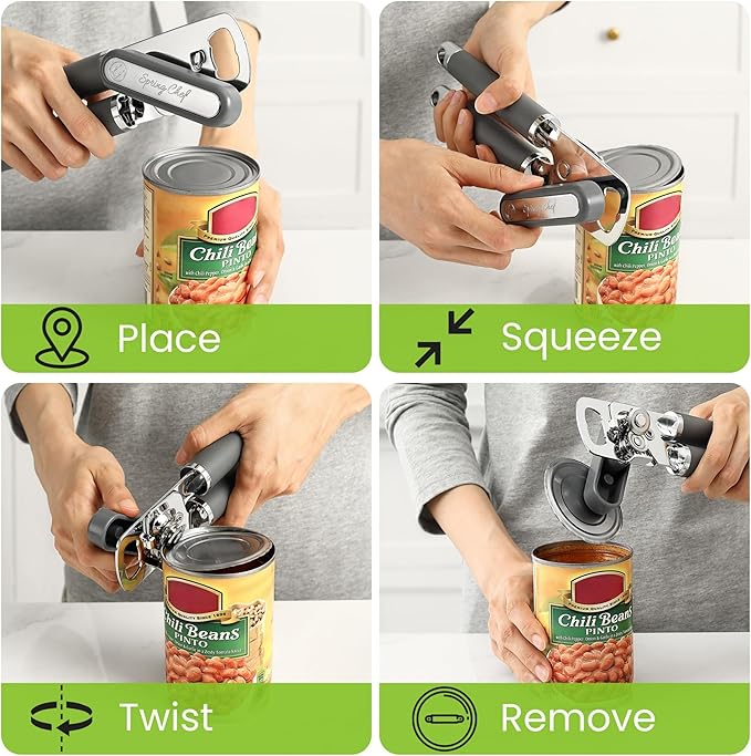 Spring Chef Stainless Steel Manual Can Opener with Magnetic Lid Remover, Easy Turn & Heavy Duty Can Openers for Seniors with Smooth Edge - Graphite