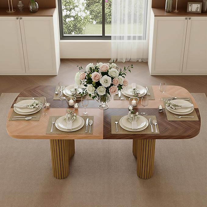 79" Large Dining Table Set for 10, Modern Farmhouse Dining Room Table Set with 1.7" Thick Two-Tone Wood Top, Sculpted Wave Legs & 10 Suede Upholstered Chairs, Wooden Kitchen Table Set for Living Room