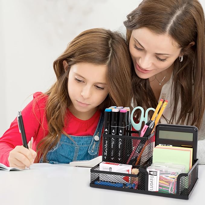 Ludato 4 Pieces 3 Compartments Mesh Pen Holder Desk Organizers Caddy and Accessories for Desk,Black Pencil Holder,Sticky Notes Holder for Home,Office and School