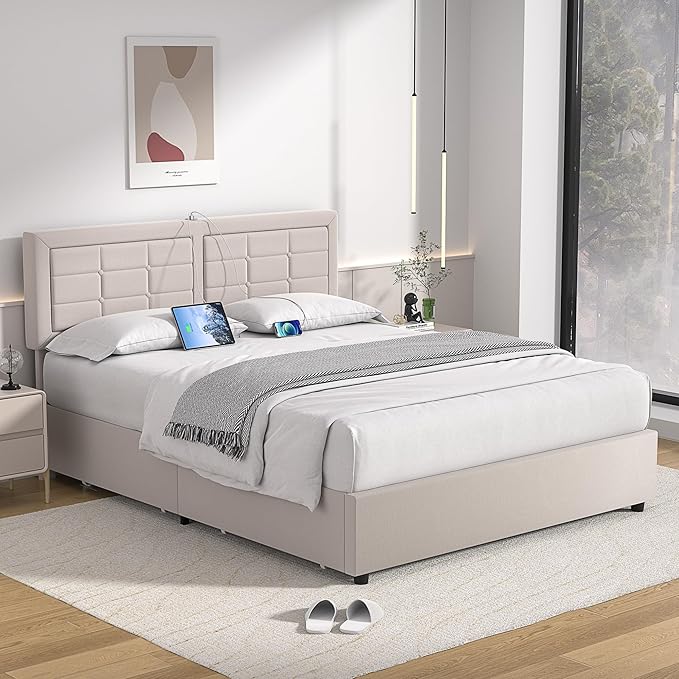 VECELO Full Size Bed Frame with 4 Drawers, Adjustable Tufted Button Headboard, Upholstered Platform with Wood Slats Support, Built-in USB and Type C Ports, Beige