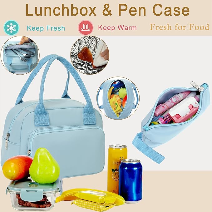 Hidds School Backpack for Teen Girls Women College Laptop Backpacks Kids Cute Bookbag Set with Lunch Box Pencil Case Elementary Middle High Campus Bag 3 Pcs Students Bookbags Sets Travel Daypack-Blue