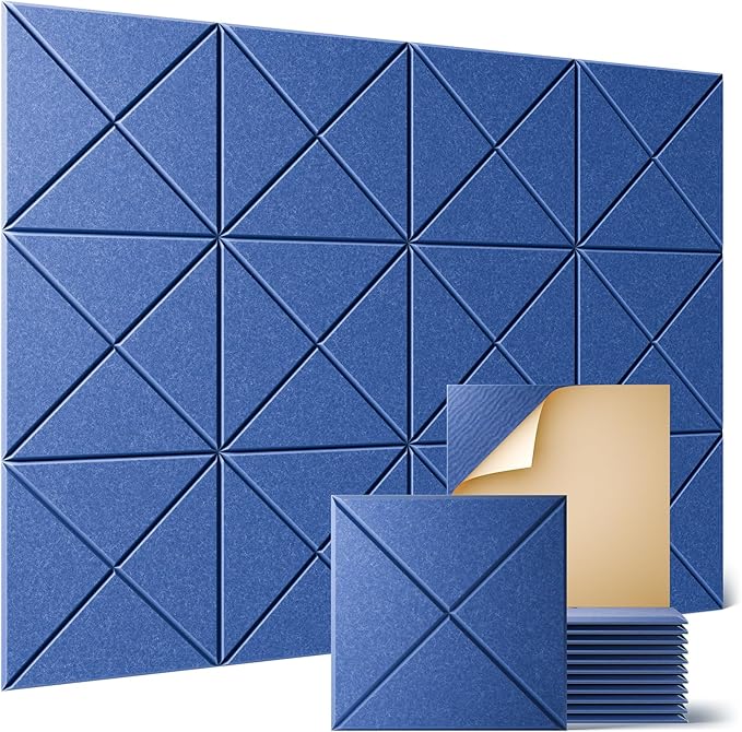 Sonicism 12 Pack X-Lined Acoustic Panels with Self-Adhesive, 12"X 12"X 0.4" Sound Proof Foam Panels, Decorative Soundproof Wall Panels, Sound Absorbing Tile for Home & Offices, Cerulean Blue