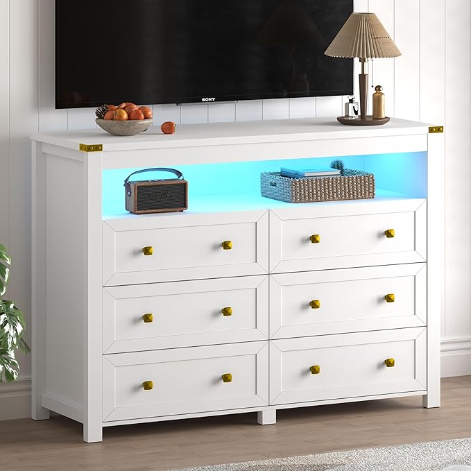 Dresser for Bedroom with 6 Drawers, Wide Chest of Drawers with LED Light and Power Outlet, Wooden Closet Organizer Clothes Storage Cabinet, Modern Double Dressers for Living Room, Hallway, White