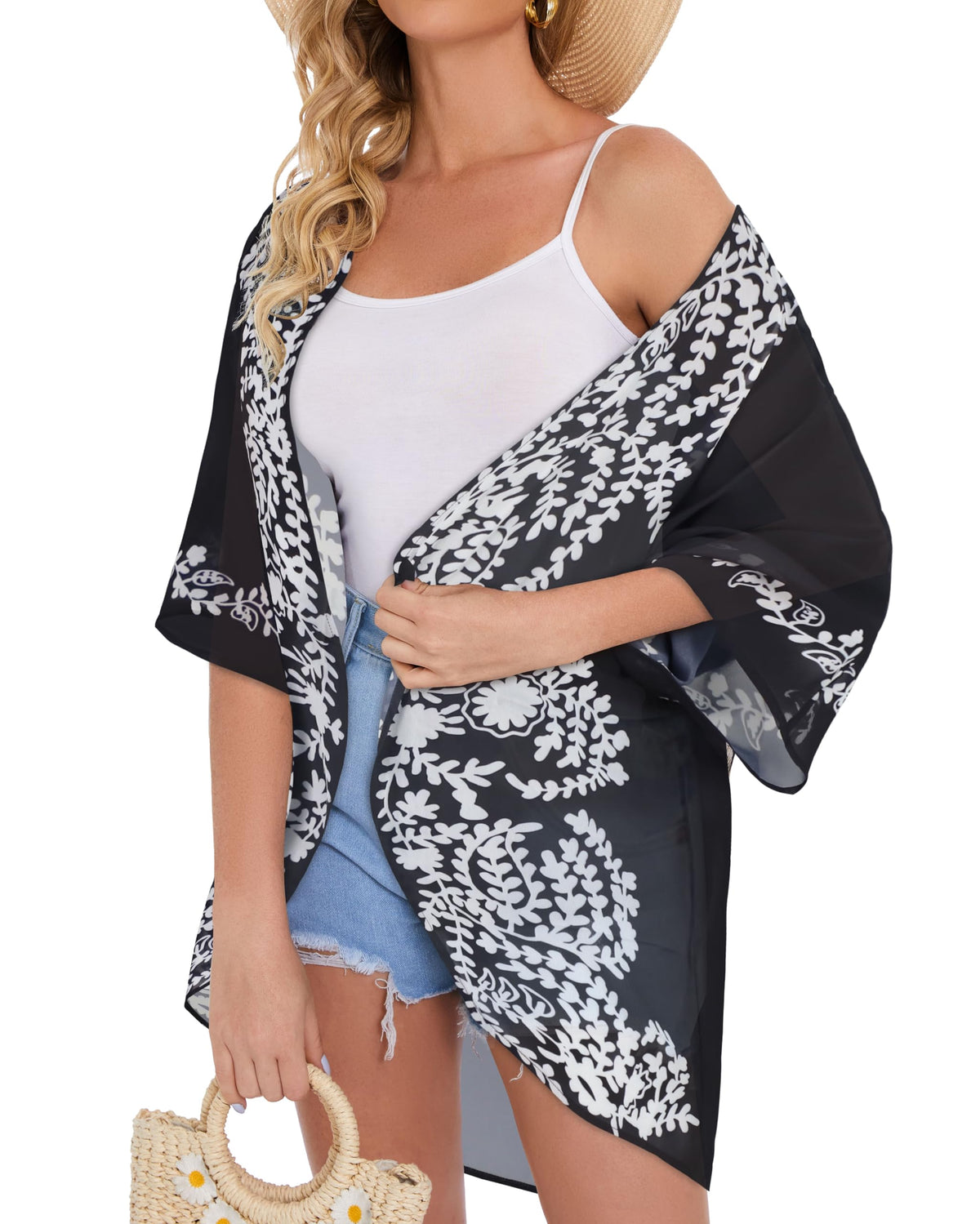 Womens Floral Kimono Cardigans Beach Cover Tops Loose Puff Sleeve Casual Blouse (C Black Flower, L)