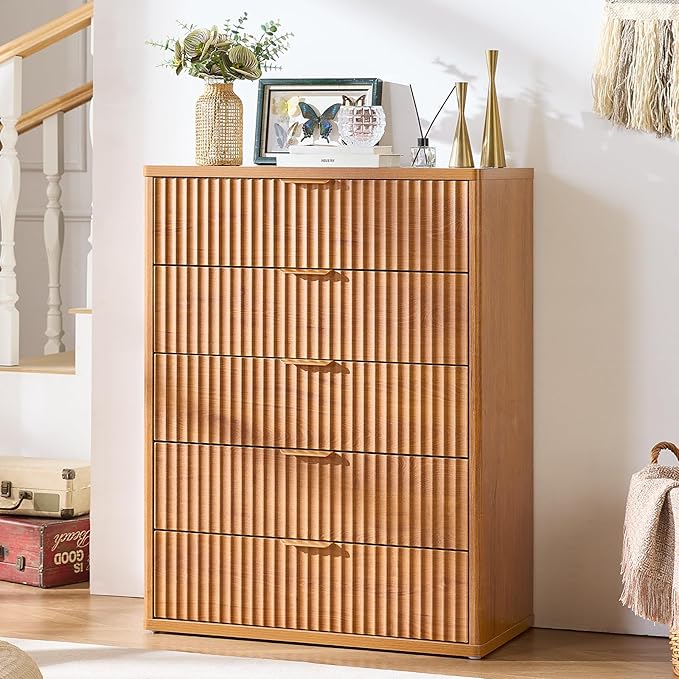 LEYAOYAO Fluted 5 Drawers Dresser Set of 2, 41" Tall Modern Chest of Drawers with Metal Handle, Curved Profile Dresser TV Stand, Wooden Drawer Organizer for Bedroom, Living Room, Hallway, Navy Blue