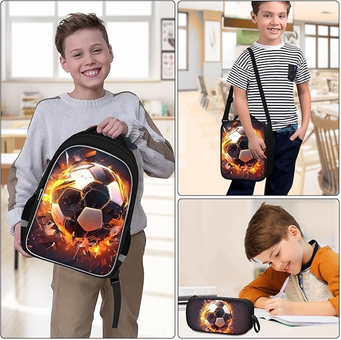 School Backpack for Boys - 4pcs Soccer Boys Backpack with Lunch Box and Pencil Case for Kids Children Teens Elementary Middle School - Students Bag for Ages 6-18,17″Bookbag Travel Back Pack