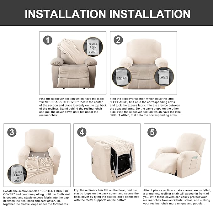 Genina Recliner Chair Cover, Stretch Reclining Chair Covers, Recliner Sofa Slipcovers Stripe Jacquard Lazy Couch Covers Furniture Protector Covers for Pet Kid (Beige, 1 Seat)