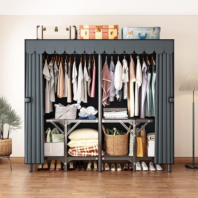 Gray Large Portable Armoire Wardrobe Closet with Foldable Clothing Wardrobe 25MM Steel Pipe Metal Frame Clothes Rack,One Piece Folding Design