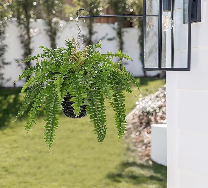 Hollyone Artificial Fern Hanging Basket Plant 25" Boston Ferns 31 Leaves Greenery Plants with Rattan Pot for Outdoors & Indoor Fake Fern Bush Plant in Pot for Patio Entrance Porch Garden Decor Green