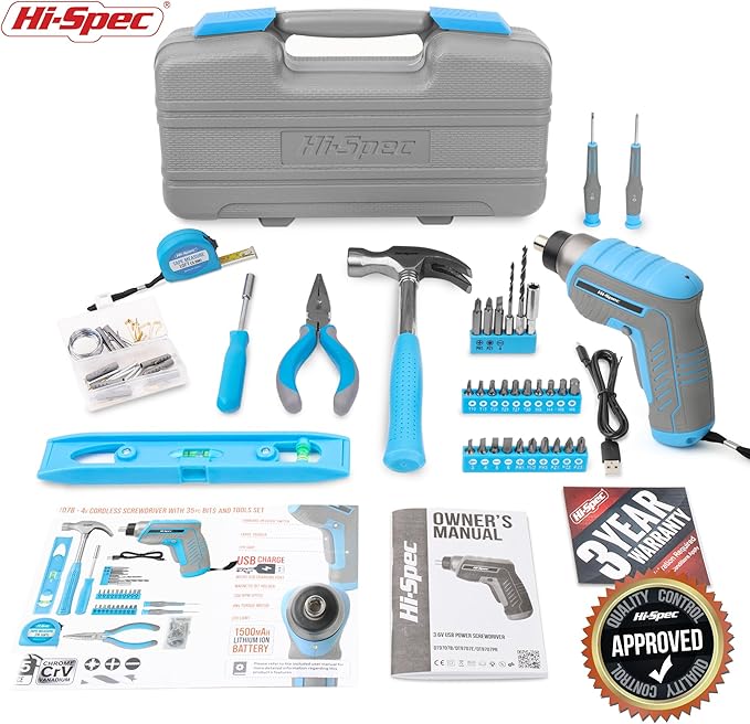Hi-Spec 35pc Blue Tool Kit with 3.6V USB Electric Screwdriver and Drill set. Complete General Tool Set