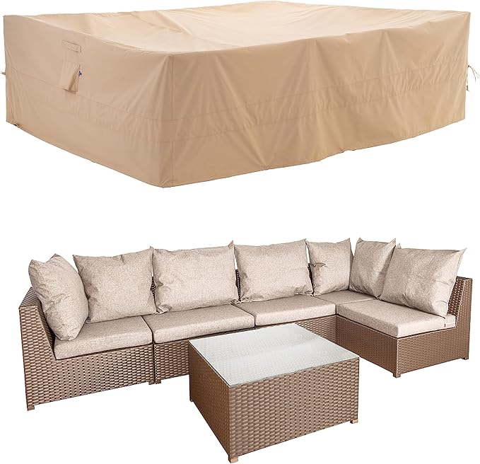 WJ-X3 Extra Large Patio Furniture Set Covers Waterproof, Outdoor Table Cover Heavy Duty, Lawn Sectional Set Cover Anti-Fading, High Wind Resistant, Anti-UV, 180W x 96D x 36H Inches, Beige