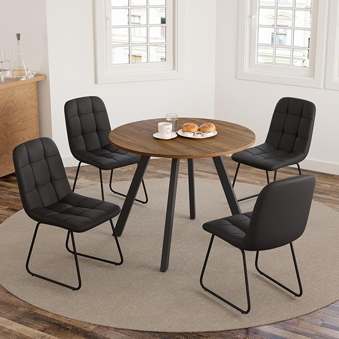 34.6'' Round Dining Table and Chairs for 4 Space Saving for Apartment Kitchen Dining Room (Walnut Table+4 U-Shaped Black Chairs)