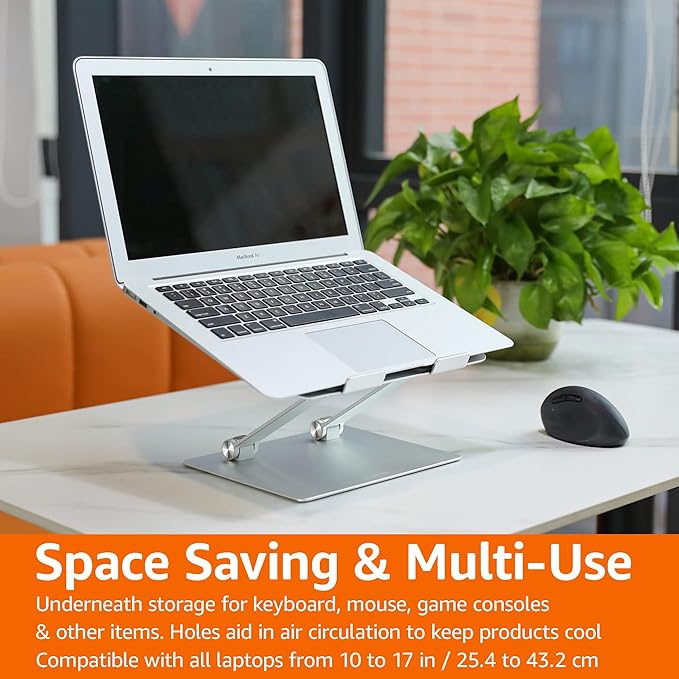 Amazon Basics Sturdy and Portable Ergonomic Laptop Stand for Desk,Height Adjustable Riser with Ventilated Cooling,Foldable,Fits All Laptops up to 17.3 Inch,Silver,10 x 8.7 x 6 in,(Pack of 12)