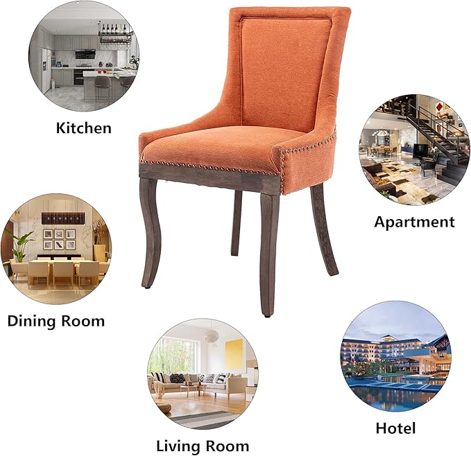 Farmhouse Dining Chairs Set of 6, Upholstered Fabric Dining Room Accent Chairs with Wood Legs & Bronze Nailhead, High Wingback Kitchen Chairs for Living Room Hotel Apartment, Orange