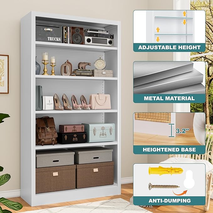 66"Heavy-Duty Steel Open Storage Cabinet with Adjustable Shelves, 6-Tier Shelving Unit, Easy Assembly Freestanding Organizer for Garage, Pantry,Office, Living Room (White, 5 Tier-66"Hx 33"W x14"D)