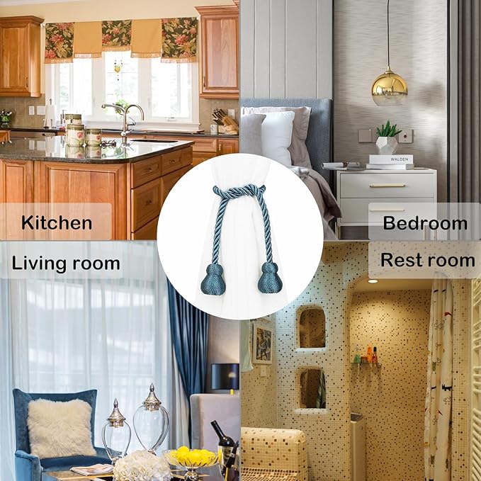 Nieffeiy Magnetic Curtain Tiebacks Outdoor Curtain Tie Backs Rope Decorative Magnetic Curtain Holders for Drapes Window Treatment Holdbacks, Navy Blue 2Pack