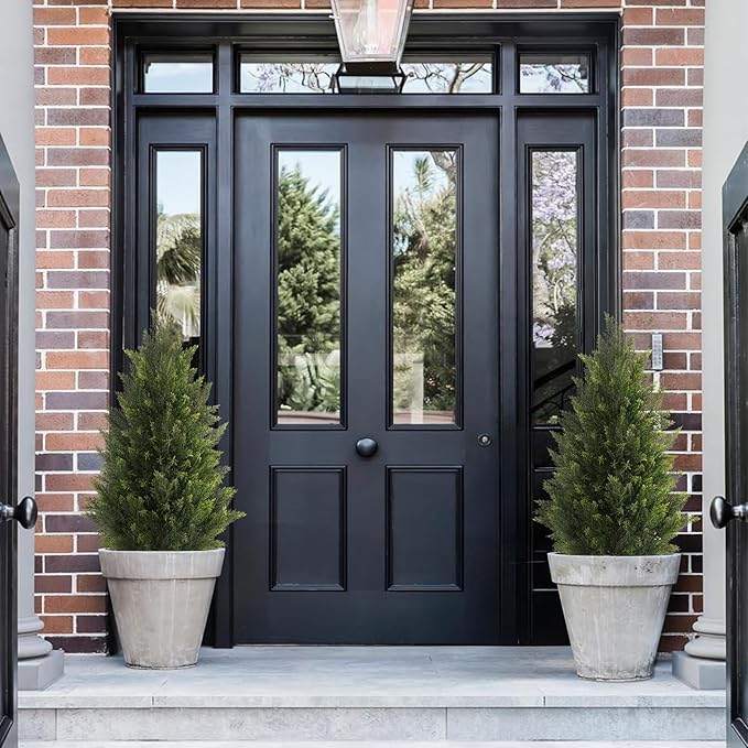 Outdoor Artificial Cedar Topiary Tree, Faux Evergreen Shrubs for Front Porch Decor, Lifelike Fake Bushes Plants for Home Living Room Front Door Decor (2, 3ft)