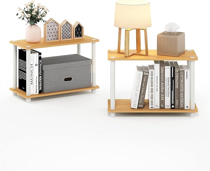 Furinno Turn-N-Tube 2-Tier Shelves/End Tables Set, 2-Pack, Beech/White