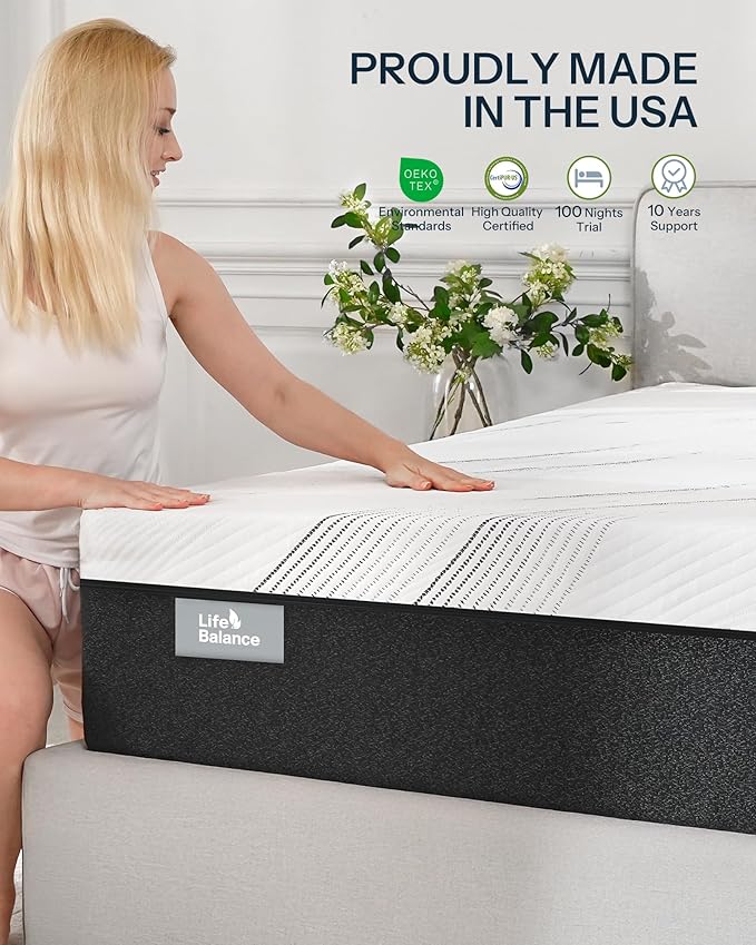 Life Balance Hybrid Twin Mattress 14 Inch, Made in USA, Plush, Individual Pocket Coils & Copper Gel Memory Foam, Hypoallergenic & Odorless, Motion Isolation & Pressure Relief, Mattress in a Box
