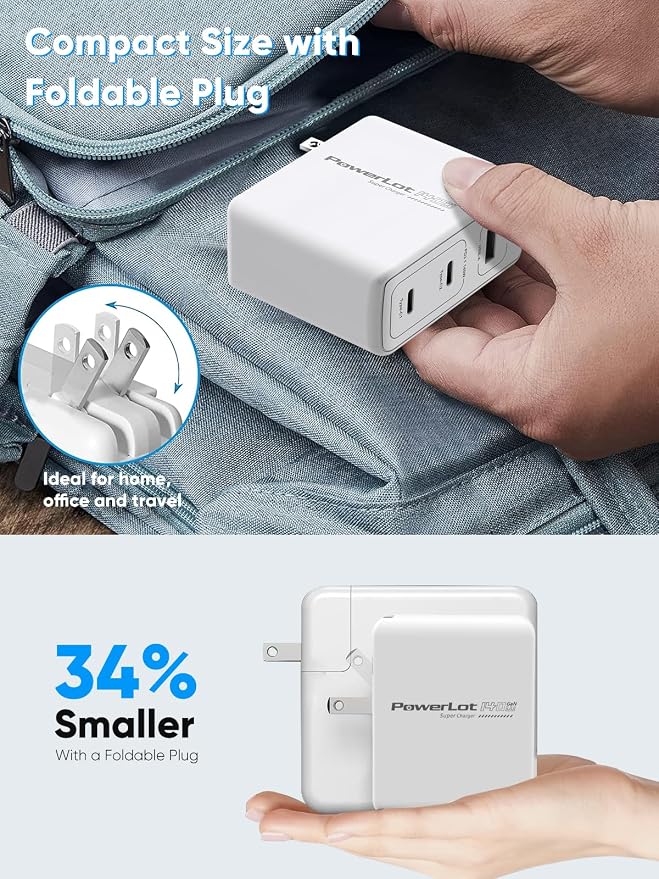 PowerLot 140W GaN PD Power Adapter18W USB-A Charger PD3.1 140W Type C Wall Charger or MacBook Pro 16'' Dell XPS iPhone 16/15 Pro Max iPad Pro ChromebookTablet