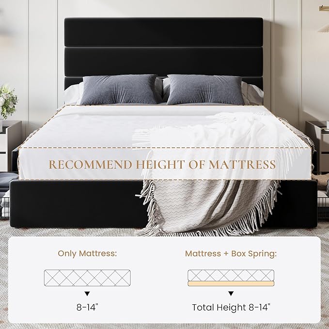 SHA CERLIN Queen Size Platform Bed Frame with 4 Storage Drawers, Velvet Upholstered Headboard, Mattress Foundation with Wooden Slats Support, No Box Spring Needed, Easy Assembly, Black