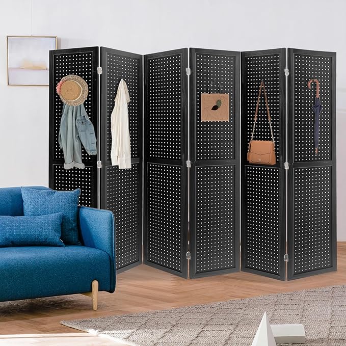 ECOMEX 6 Panel Room Divider, 5.6Ft Pegboard Display Wooden Room Divider Folding Privacy Screen Room Divider Freestanding Peg Board Display for Trade Show Craft Show Home Wall Organizer, Classic Black