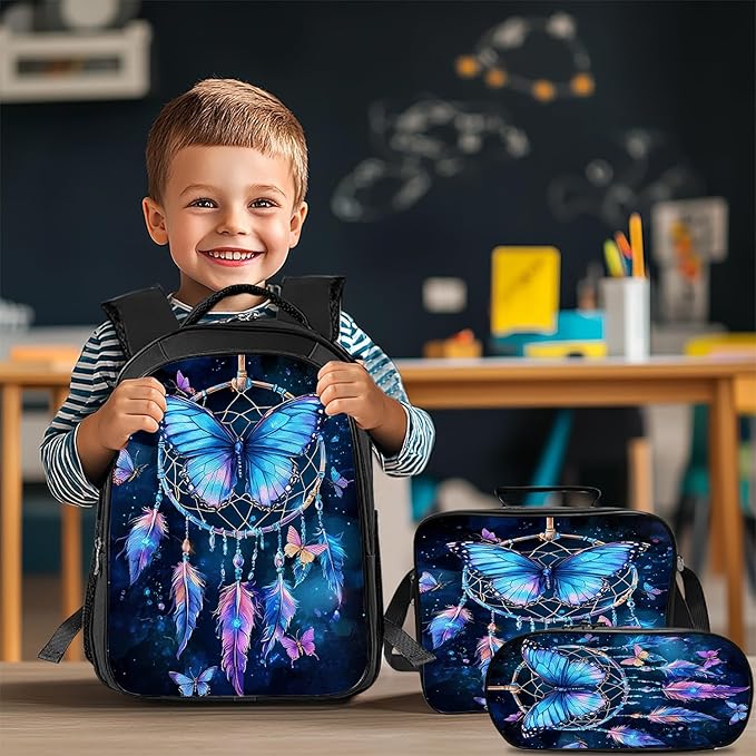 Butterfly Backpack Set 3 Piece School Bags and Lunch Box with Pencil Case Blue Butterfly Dream Catcher Bookbag Set for Toddler Kids Girls Boys Teens Kindergarten Elementary Middle
