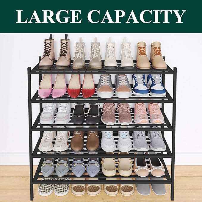 Smiry Long Bamboo Shoe Rack 5-Tier, Stackable Wooden Shoe Organizer for Entryway & Closet, Free Standing Wood Shoe Storage Shelf for Front Door & Small Spaces, Black