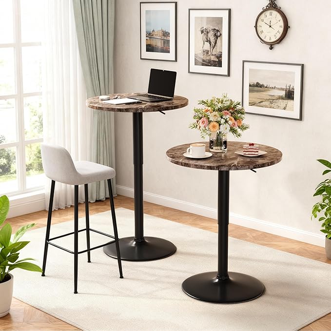 Shahoo Round Bar Table, Adjustable Height and 360° Swivel Bistro Pub Table, Cooktail Table for Bar, Bistro, Dining Room, Faux Marble