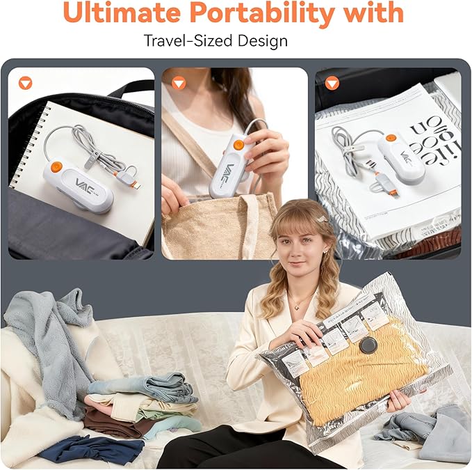 Travel Vacuum Bags with USB & TYPE C Pump, 9 Pack Carry-On Vacuum Storage Bags for Luggage & Suitcase, Vacuum Luggage Bags, Space Saver for Clothes & Travel(Grey)