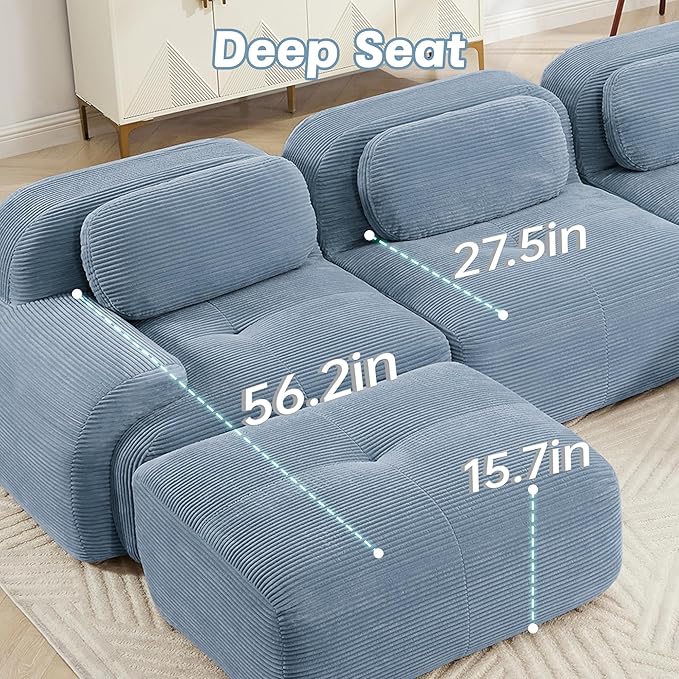 152" Modern Corduroy Cloud Sofa, Boneless Modular Large Sectional Couches for Living Room, Blue 4 Seater Compressed Memory Foam Couch, Extra Deep Seat, No Assembly