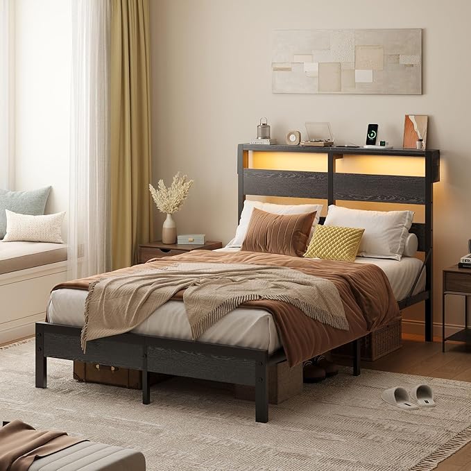 Bestier Full Bed Frame with Storage Headboard and Charging Station, Black Platform Bed Frame with LED Light, Non-Slip Metal Bed Frame, Noise-Free, Easy Assembly