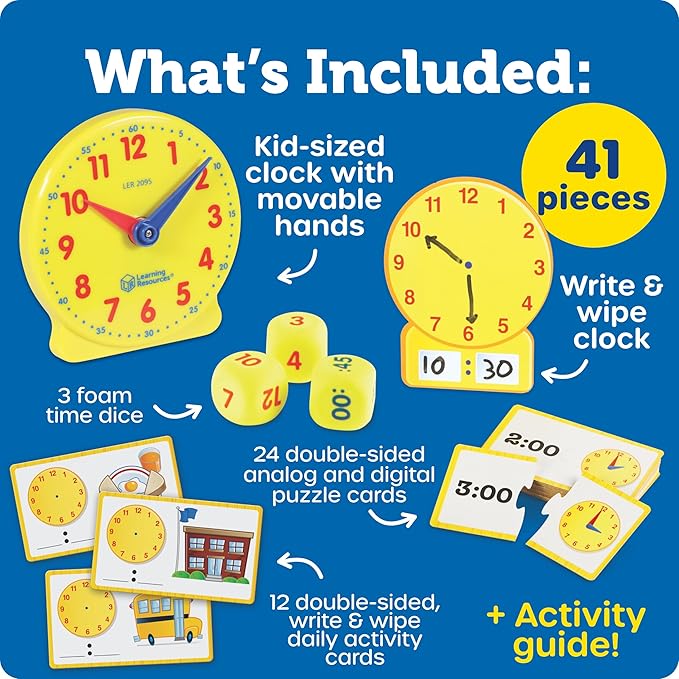 Learning Resources Time Activity Set – Teaching Clocks for Kids, Teacher Classroom Must Haves, Elementary School & Montessori Activities, Math Manipulatives, Time Flash Cards, Gifts for Boys and Girls
