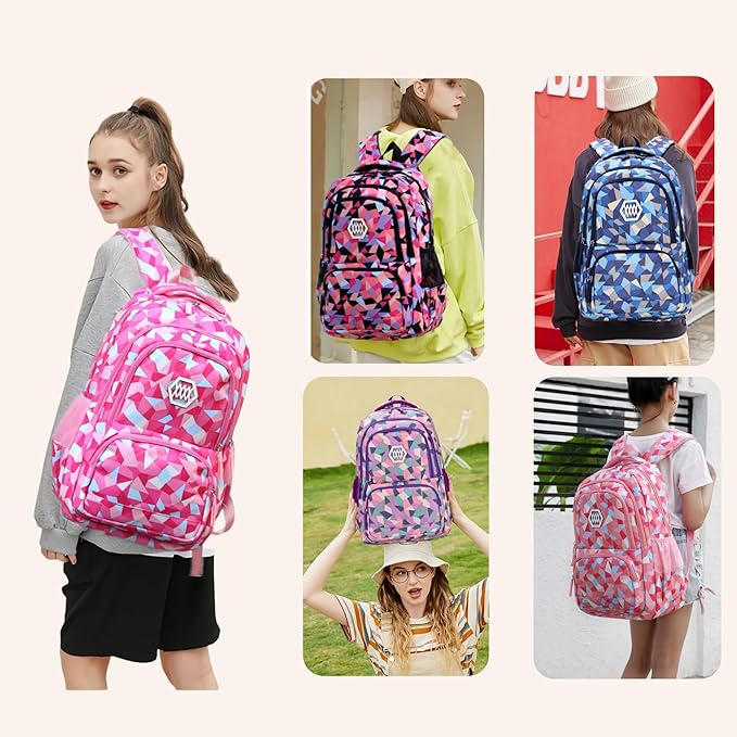 Bansusu 3Pcs Purple-a-3pcs Geometric Print Backpack and Lunch-Bag Set for Girls School Elementary Bookbags, 12.205.9016.53inch, 19 Liters