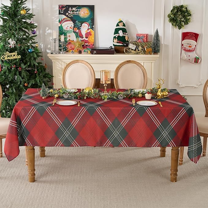 Christmas Tablecloth Rectangular 60x84 Inch Tablecloths for 4ft Waterproof, Machine Washable Polyester Table Cover for Xmas Party, Winter Holiday Home Decoration in Festive Checkered Green 1pack