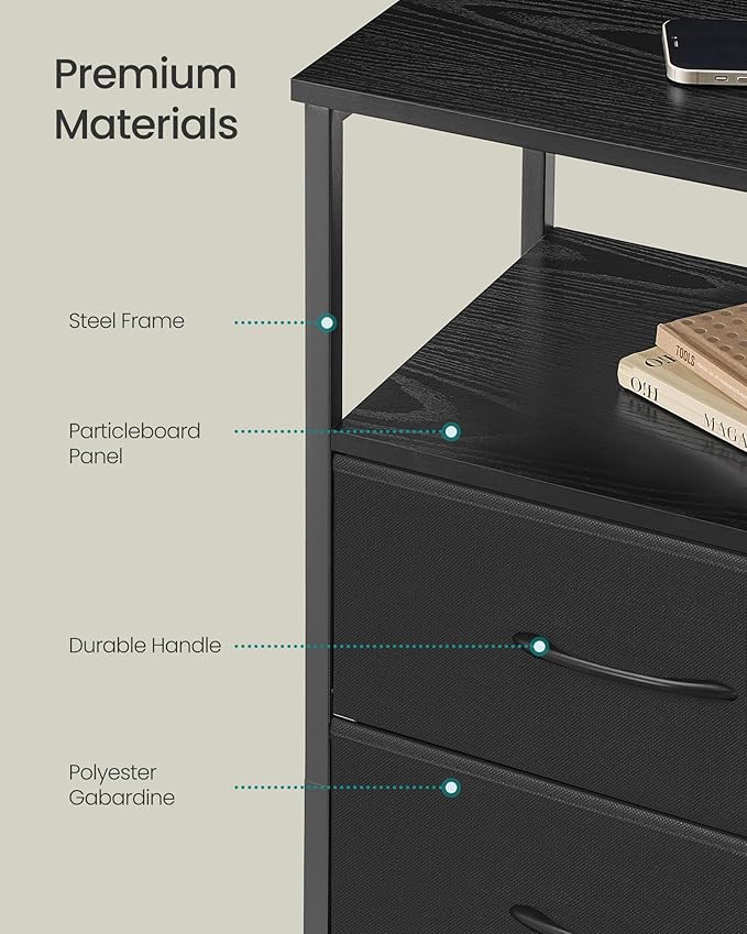 SONGMICS BELLAH Collection - Nightstand with Charging Station and App-Controlled Adjustable LED Lights, Bed Side Table, 2 Drawer and 1 Open Shelf, Bedroom, Ink Black and Ebony Black ULGS302BH01S