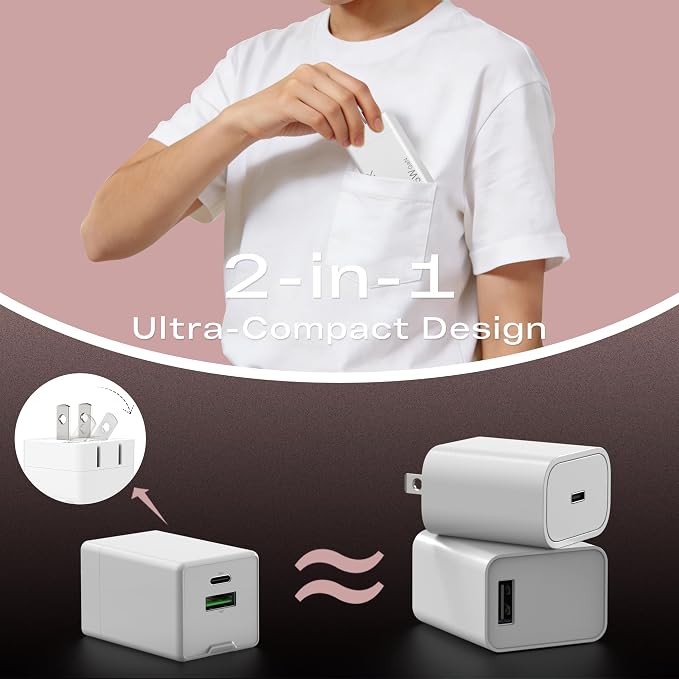 35W GaN Fast Charger Block Foldable Dual Port USB-C & USB-A PD 3.0 Wall Adapter Compact Travel Charger for iPhone 17/17 Pro/17 Pro Max/17 Ultra 16/15/14/13/12 Samsung Galaxy iPad