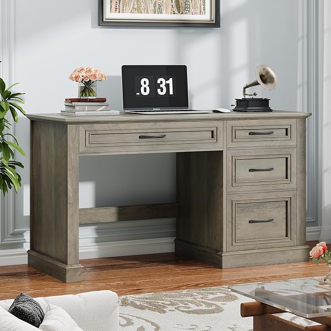 Farmhouse 47" Executive Desk, Computer Desk with Drawers and File Drawer, Workstation Computer Desk with Charging Station for Home Office,Study(Wash Grey)