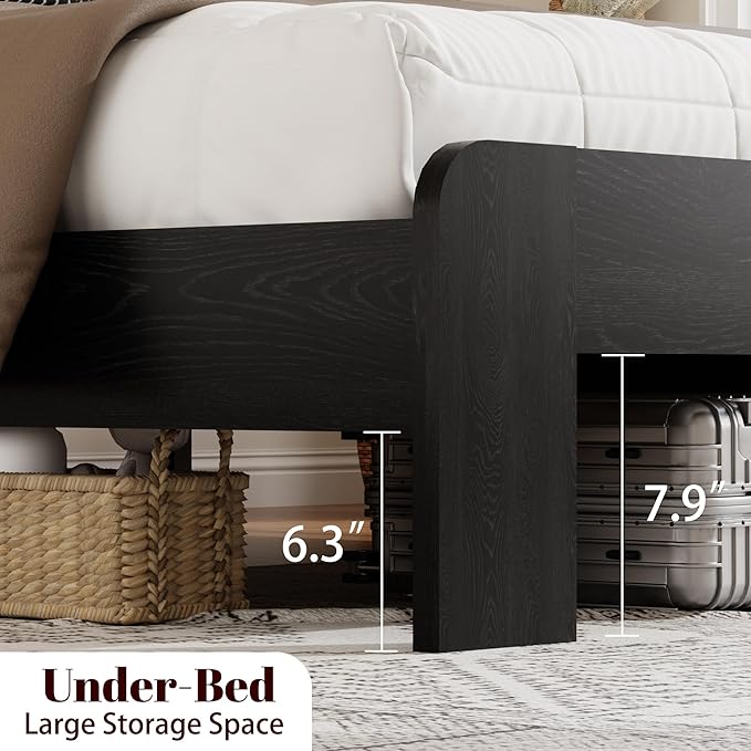 Wooden King Size Bed Frame with Storage Headboard, Farmhouse Platform Bedframe with Charging Station & Led Lights, Sturdy Wood Slat Framework, Easy Assembly (Rustic Black, King)