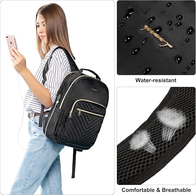 LOVEVOOK Laptop Backpack for Women 17.3 inch,Cute Womens Travel Backpack Purse,Professional Computer Bag,Waterproof Work Business College Teacher Bags Carry on Backpack with USB Port,Black