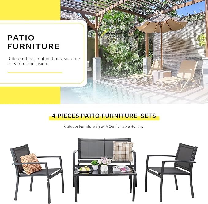 Shintenchi 4 Pieces Patio Furniture Set All Weather Textile Fabric Outdoor Conversation Set, with Glass Coffee Table, Loveseat, 2 Single Chairs for Home, Garden, Lawn, Porch(Gray)