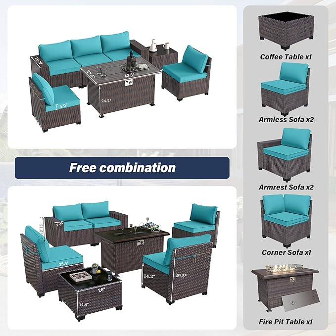 Kurapika 7 Pieces Patio Furniture Set, Rattan Outdoor Conversation Sets w/43in Propane Fire Pit Table and 4 Inch Cushion(Blue)