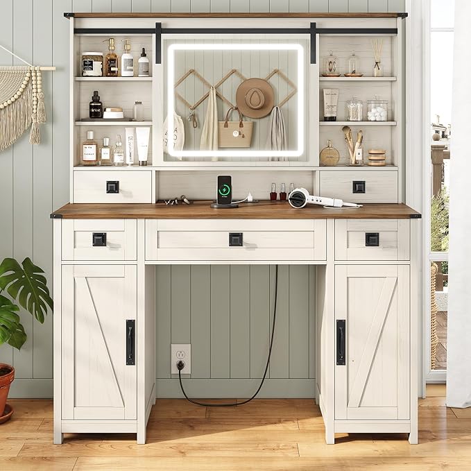 AOGLLATI Farmhouse Makeup Vanity Desk with Lights & Charging Station,Vanity Desk with Mirror and Lights, 47.2” Large Brown Vanity Table with Ample Storage Space and Sliding Mirror (Antique White)