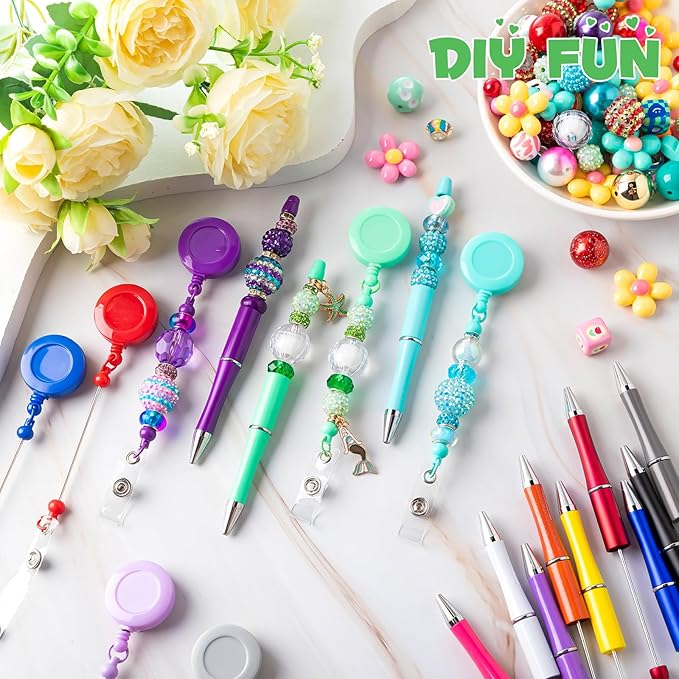 48 Pcs DIY Beadable Kit Include 24 Beadable Ballpoint Pen Black Ink 24 Bead DIY Badge Reel Retractable ID Name with Belt Clip Holder for Nurse Teacher Making Gift Office School Supplies