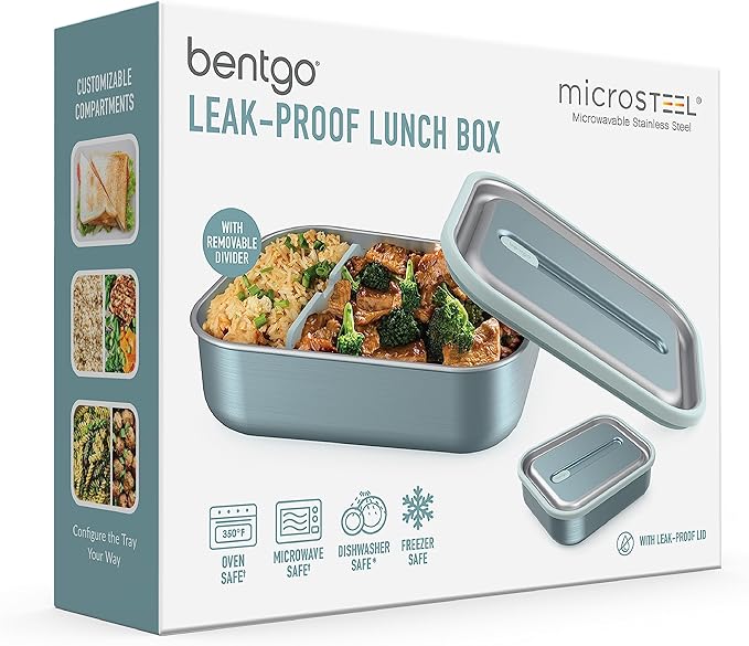 Bentgo MicroSteel Leak-Proof Lunch Box - Microwave-Safe, Oven-Safe, Bento-Style Container with Removable Divider, Airtight Lid, Sustainable Design, Odor & Stain Resistant (Aqua)