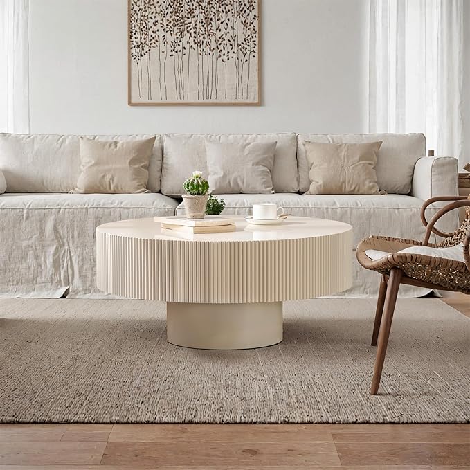 Modern Wood Coffee Table for Living Room - Handcraft Drum Coffee Tables with Sturdy Base, Small Round Fluted Coffee Table Tea Table for Apartment, Bedroom, Office - Easy Assemble (White 31")