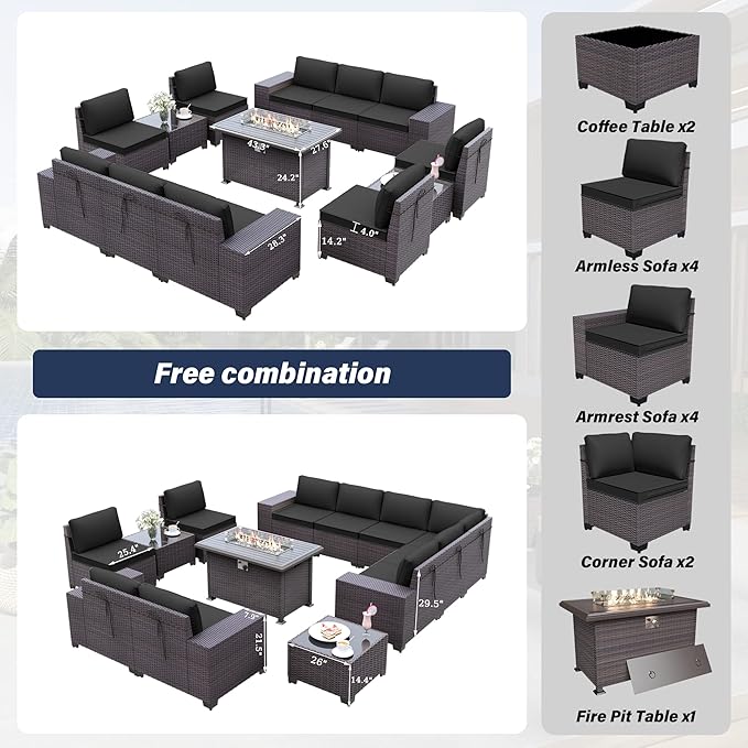 Kurapika 13 Pieces Patio Furniture Set, Rattan Wicker Outdoor Conversation Sets w/43in Propane Fire Pit Table(Black)