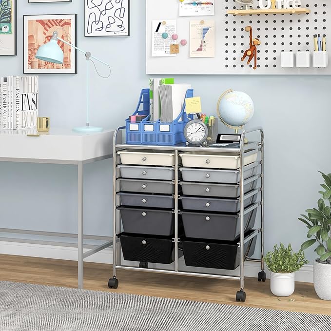 COSTWAY 12-Drawer Rolling Storage Cart, Moveable Art Craft Organizer W/Lockable Wheels, Metal Shelf, Files Arrangement Tools Makeup Storage Cart for Office, Home, School, Mixed Black